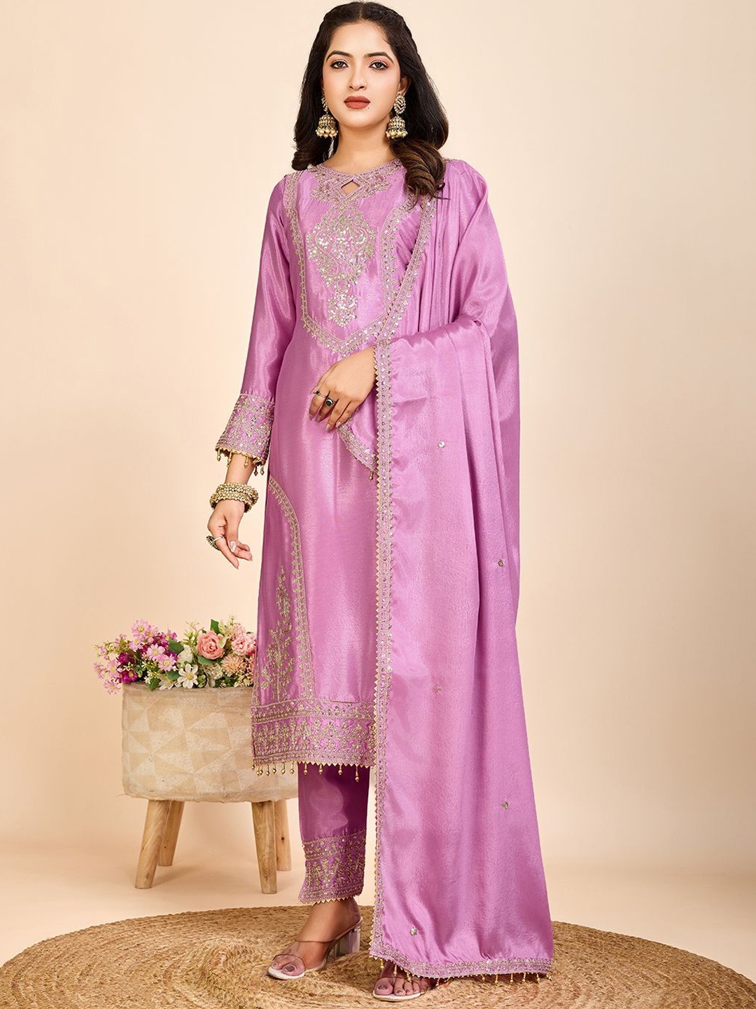 

AKSHARAM Women Floral Embroidered Regular Sequinned Kurta with Trousers & With Dupatta, Pink
