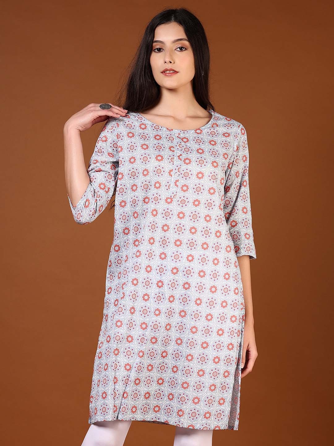 

V-Mart Women Floral Printed Mirror Work Kurta, Grey