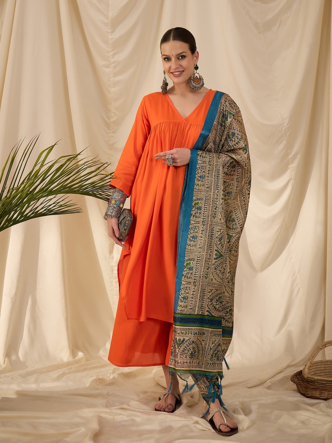 

InWeave Women Empire Kurta with Palazzos & With Dupatta, Orange