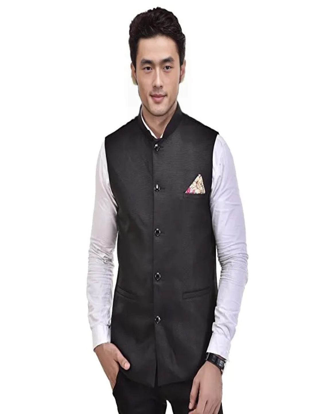 

Seetoo Mandarin Collar Woven Nehru Jacket, Black