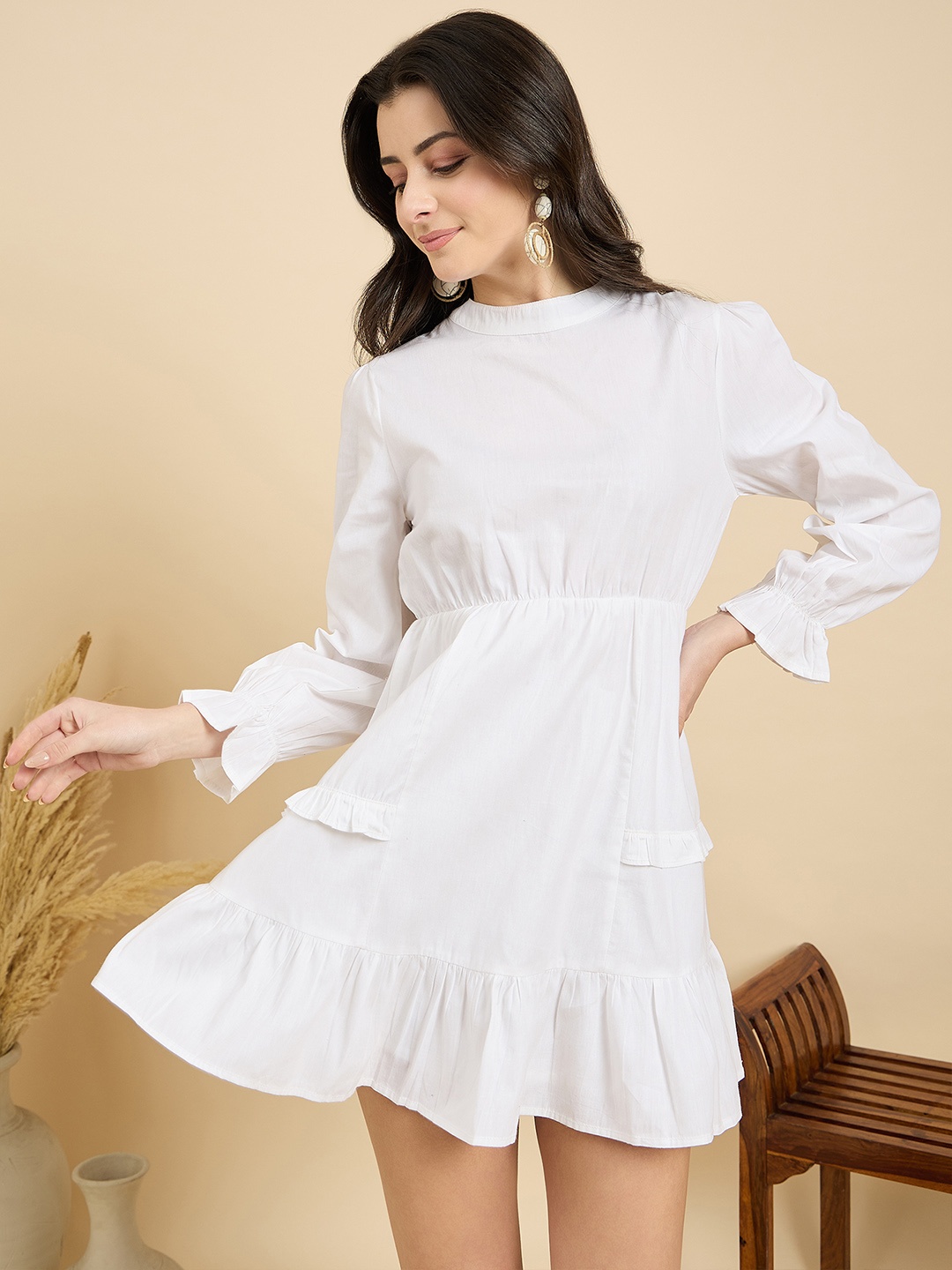 

ZUMMER Puff Sleeve Ruffled Fit & Flare Dress, White