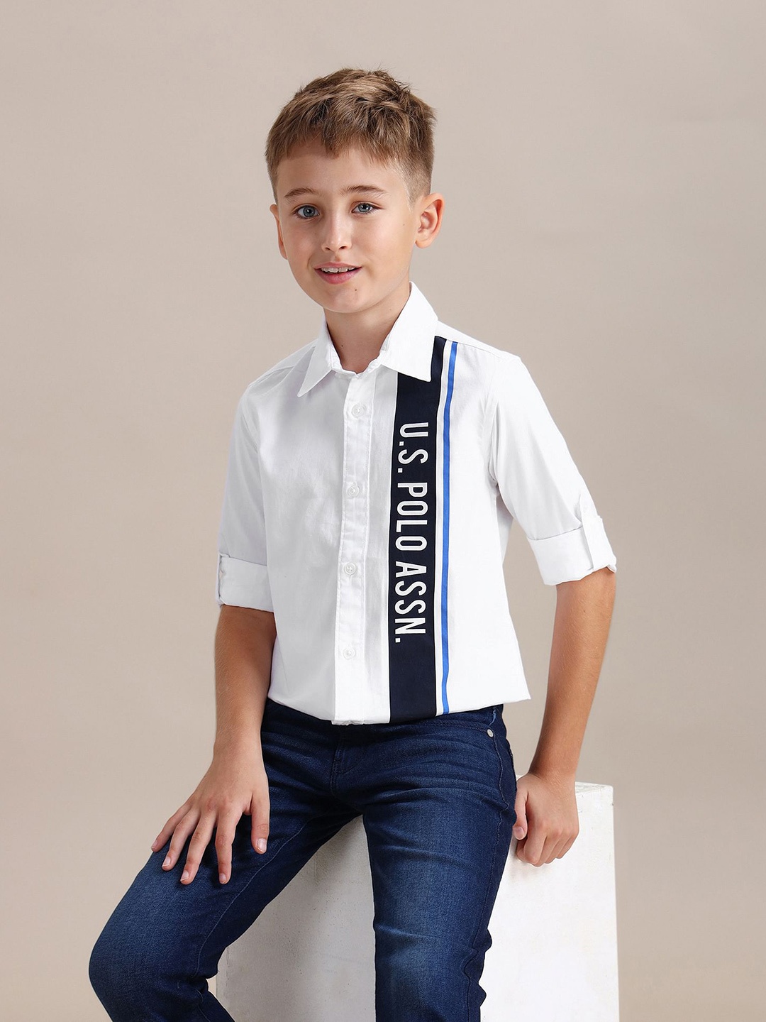 

U.S. Polo Assn. Kids Boys Brand Logo Printed Pure Cotton Casual Shirt, White