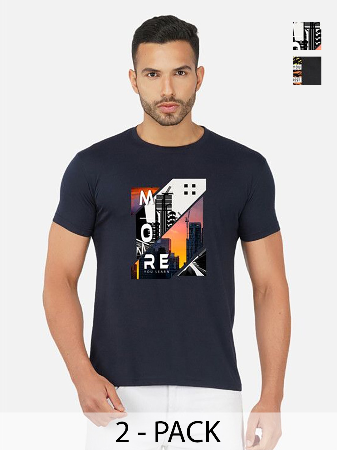 

GLOBAL NOMAD Men 2 Printed Bio Finish Applique T-shirt, Navy blue
