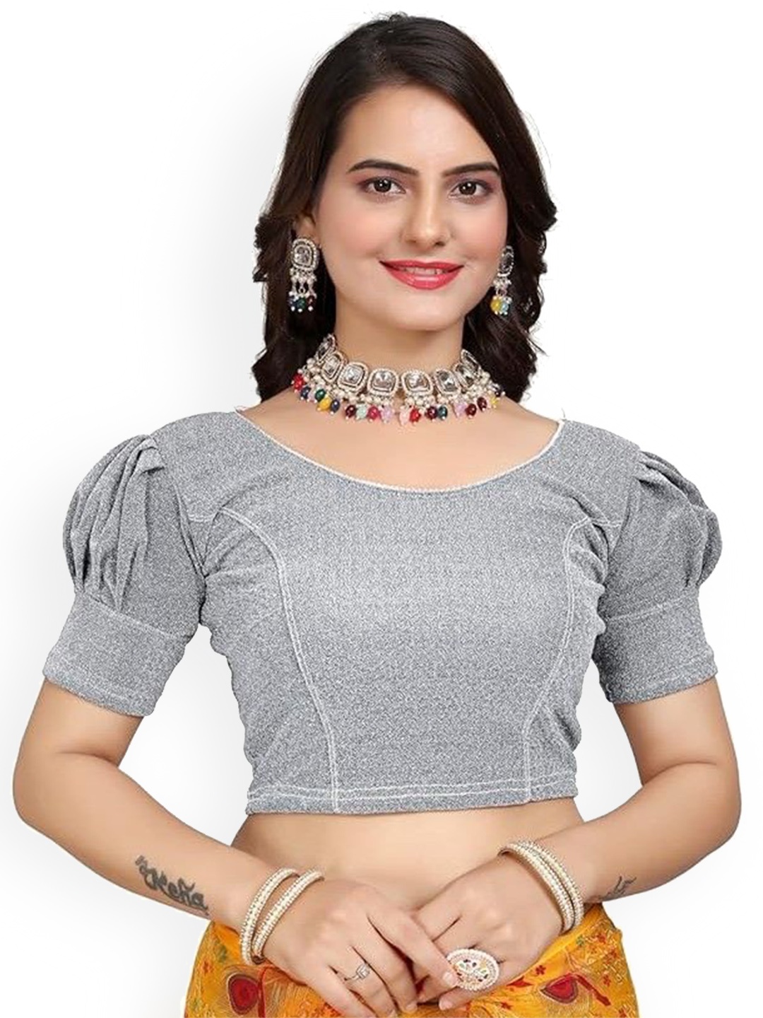 

SS Sanket Synthetics Women Embellished Saree Blouse, Silver