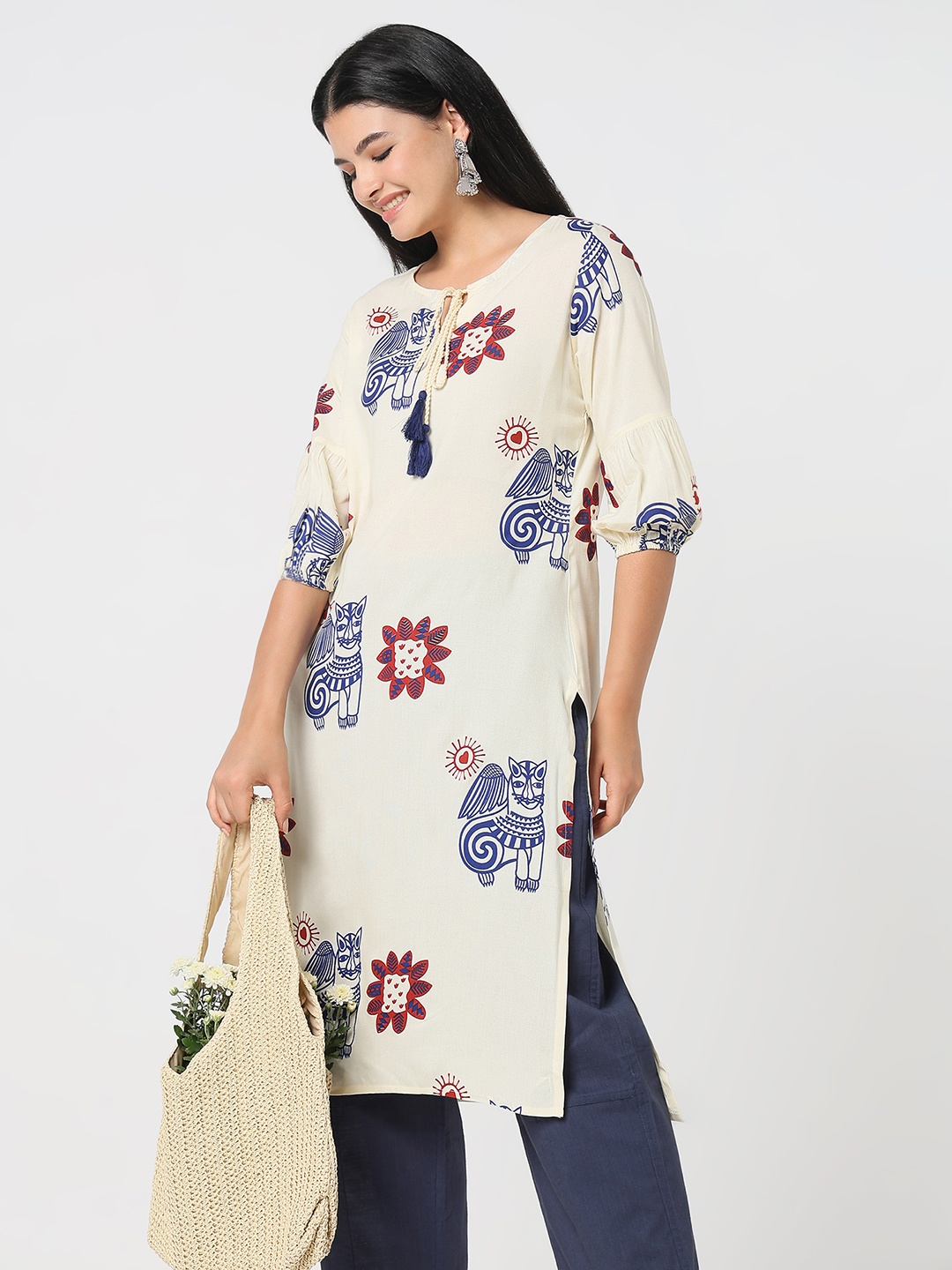

R&B Women Ethnic Motifs Embroidered Mirror Work Kurta, White