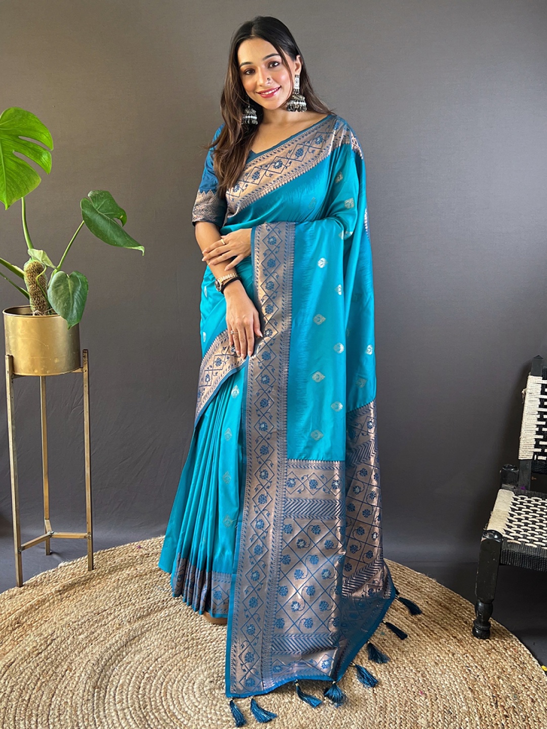 

all about you Woven Design Zari Silk Blend Banarasi Saree, Blue