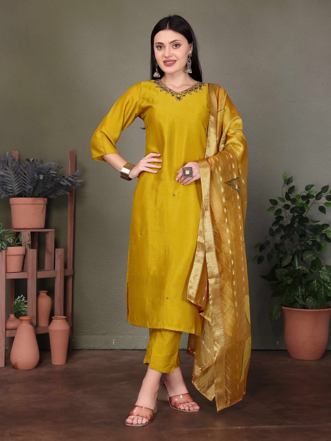 

SUNDARNAARI Women Regular Thread Work Kurta with Trousers & With Dupatta, Mustard