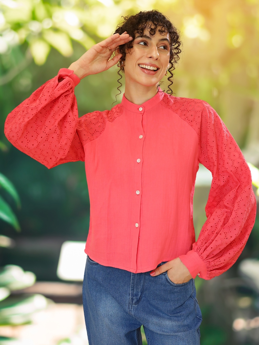 

DressBerry Embroidered Mandarin Collar Puff Sleeve Cotton Schiffli Shirt Style Top, Pink