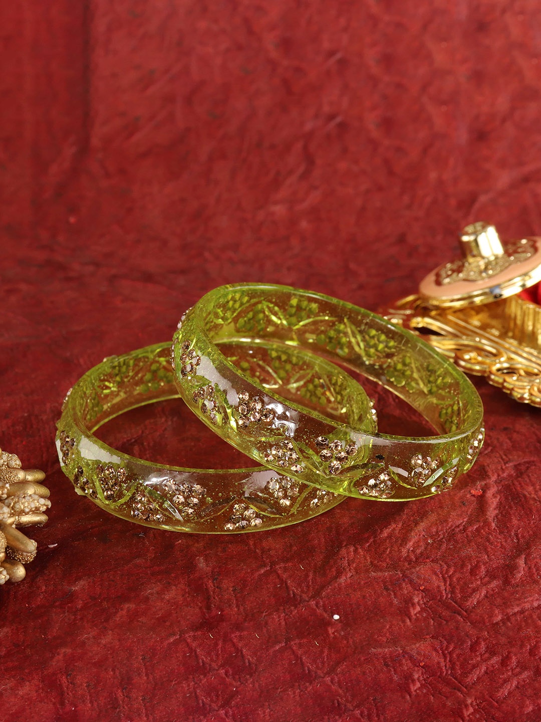 

LAVAZZA Set Of 2 Cubic Zirconia Studded Glass Bangles, Green