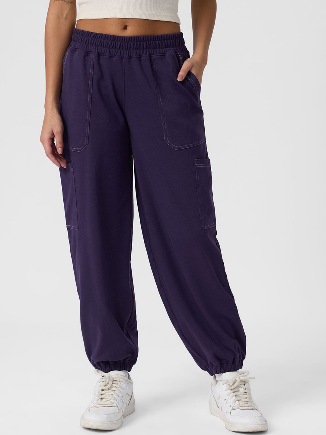 

The Souled Store Women Baggy-Fit Mid-Rise Cargos Joggers, Navy blue