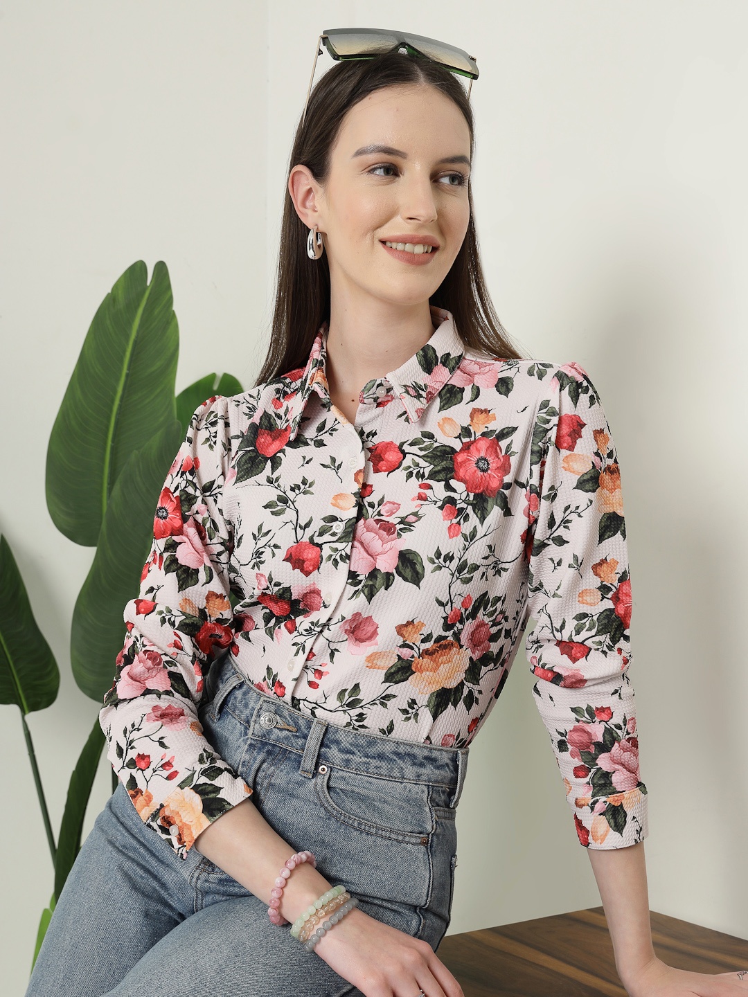 

Style Quotient Women Classic Floral Opaque Printed Casual Shirt, Beige