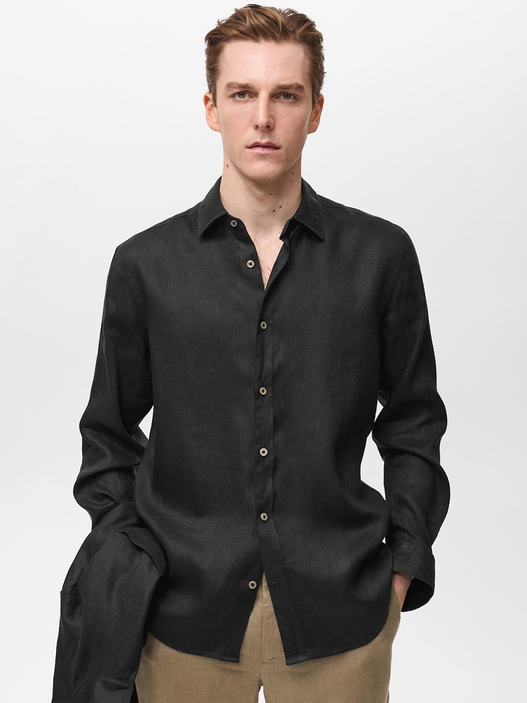 

MANGO MAN Linen Opaque Casual Shirt, Black