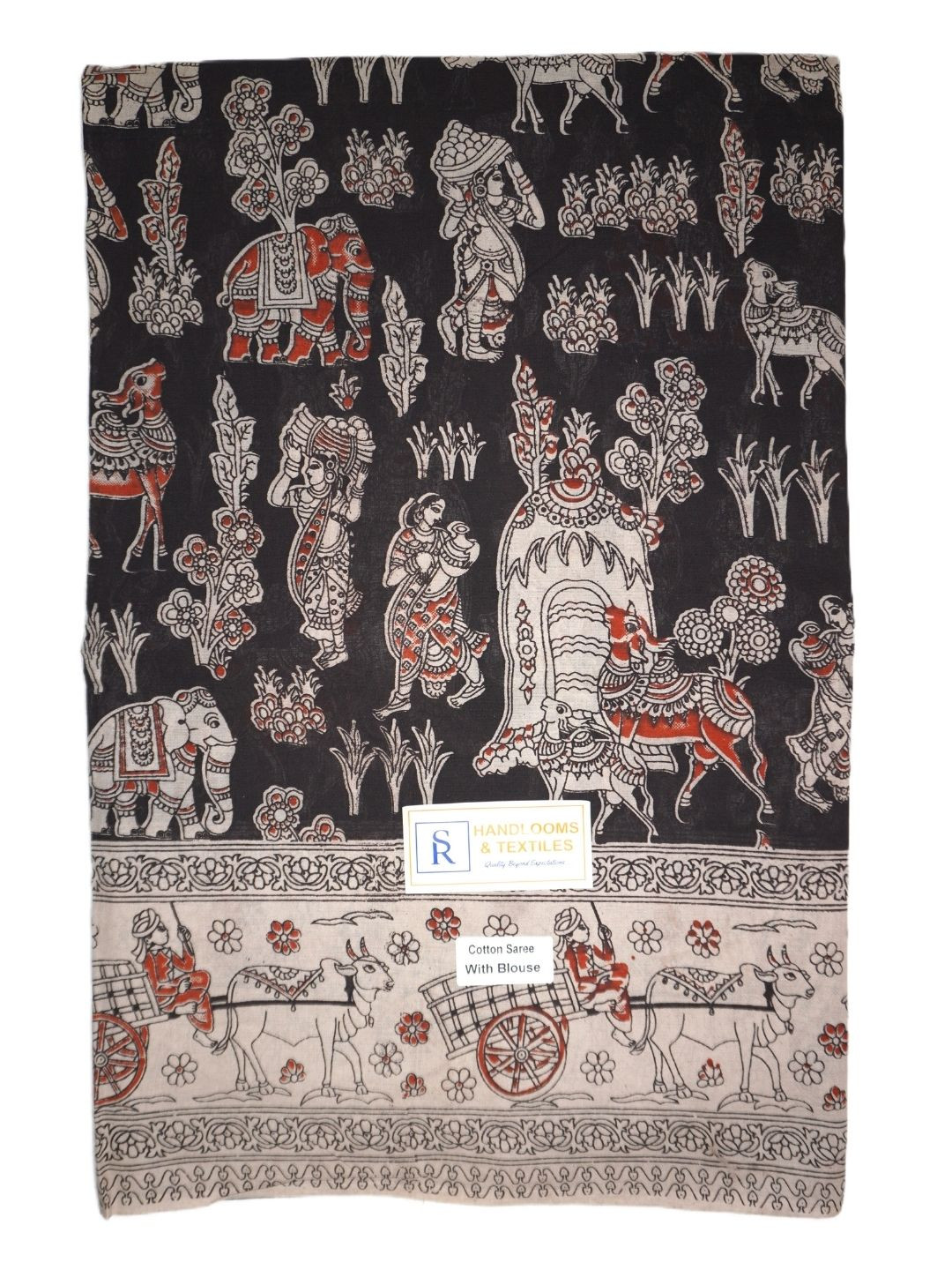 

SR HANDLOOMS AND TEXTILES Kalamkari Pure Cotton Saree, Black