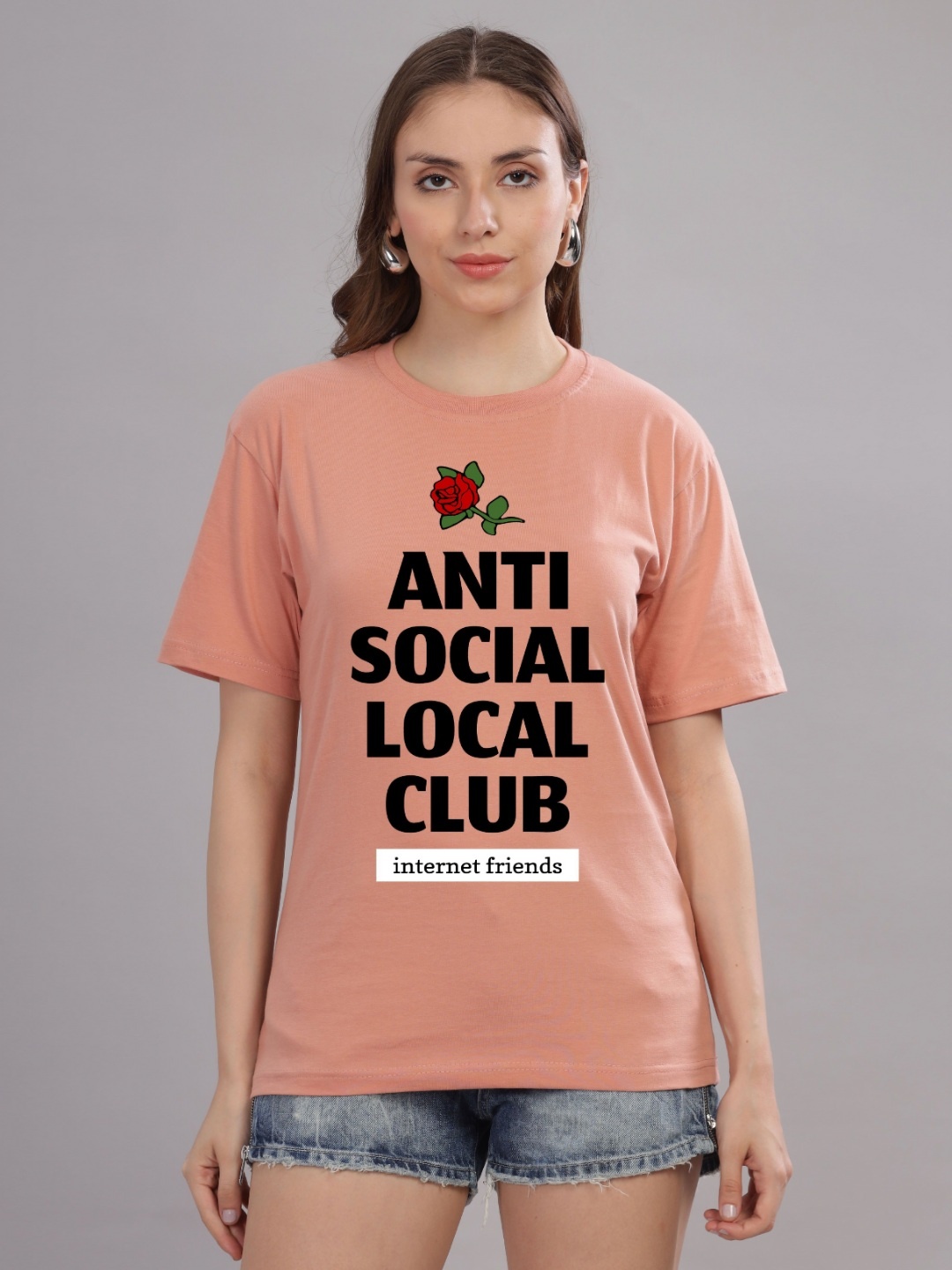 

FALTU.CO Women Printed Drop-Shoulder Sleeves Pure Cotton T-shirt, Peach