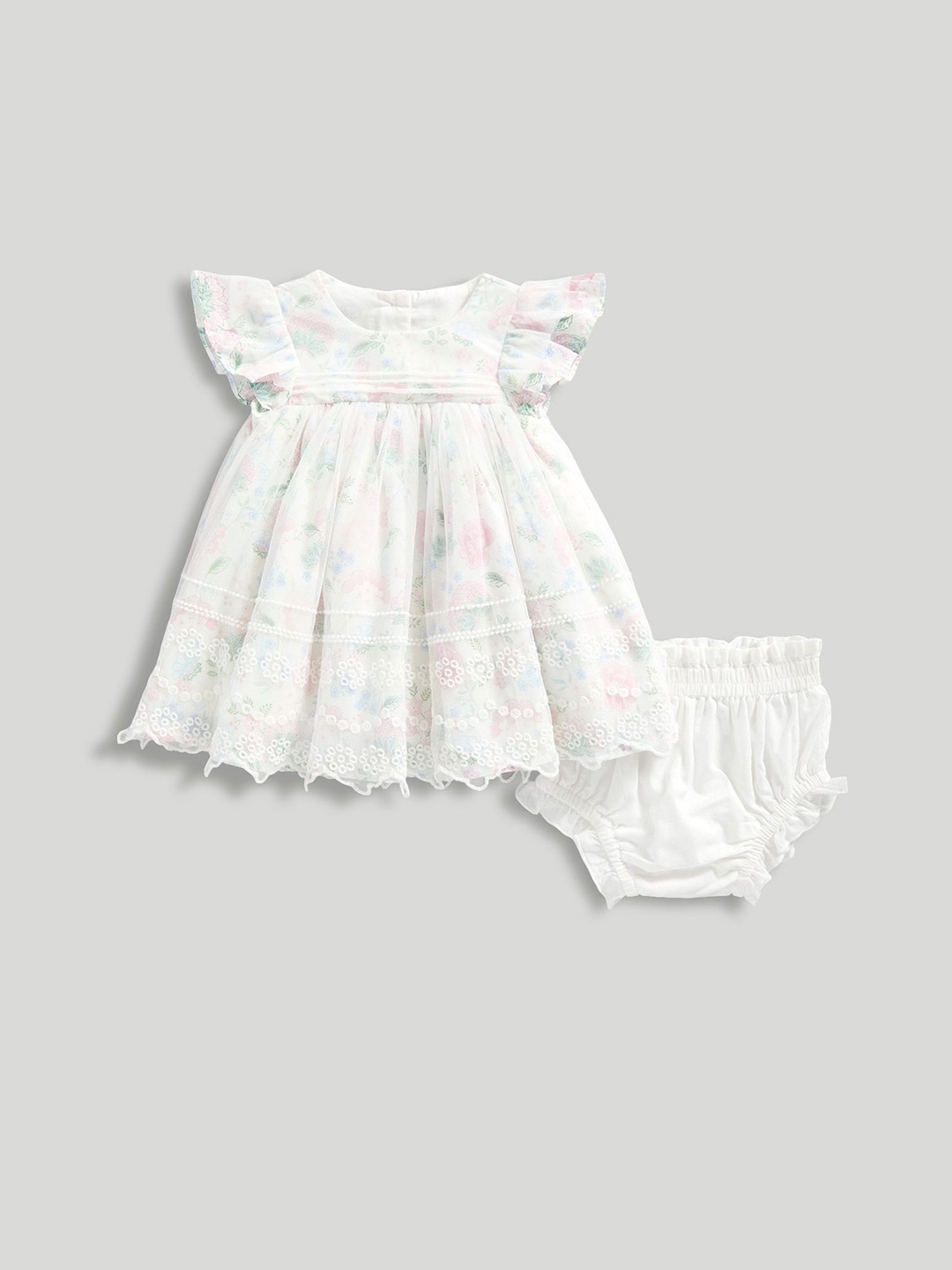 

mothercare Floral Print Flutter Sleeve Layered A-Line Dress, Cream