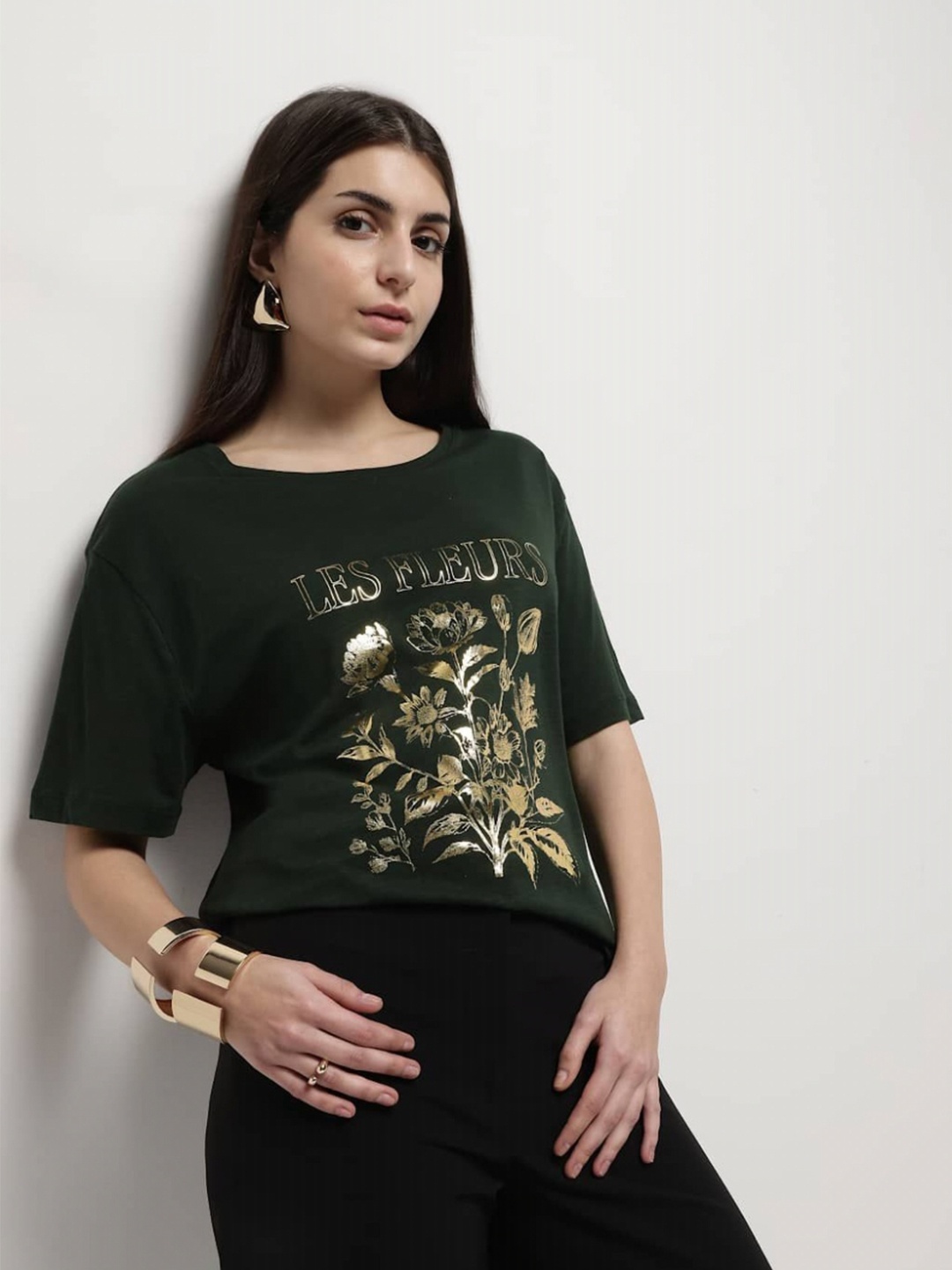 

Marks & Spencer Women Printed Extended Sleeves T-shirt, Green