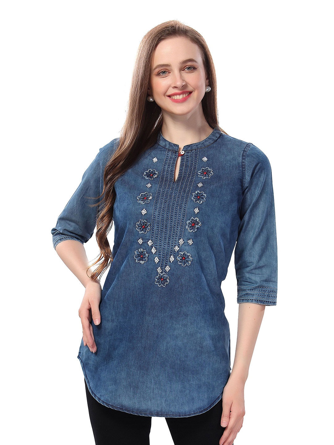 

Meher Impex Floral Embroidered Mandarin Collar Cotton Denim Top, Blue