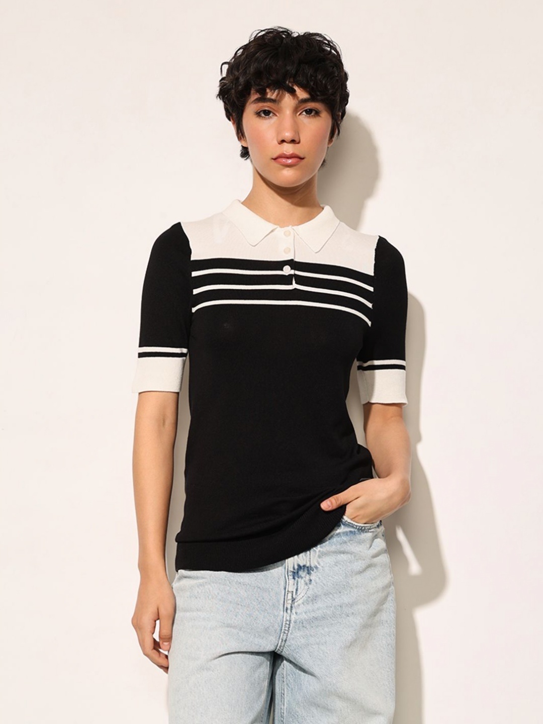 

ONLY Women Striped Polo Collar T-shirt, Black