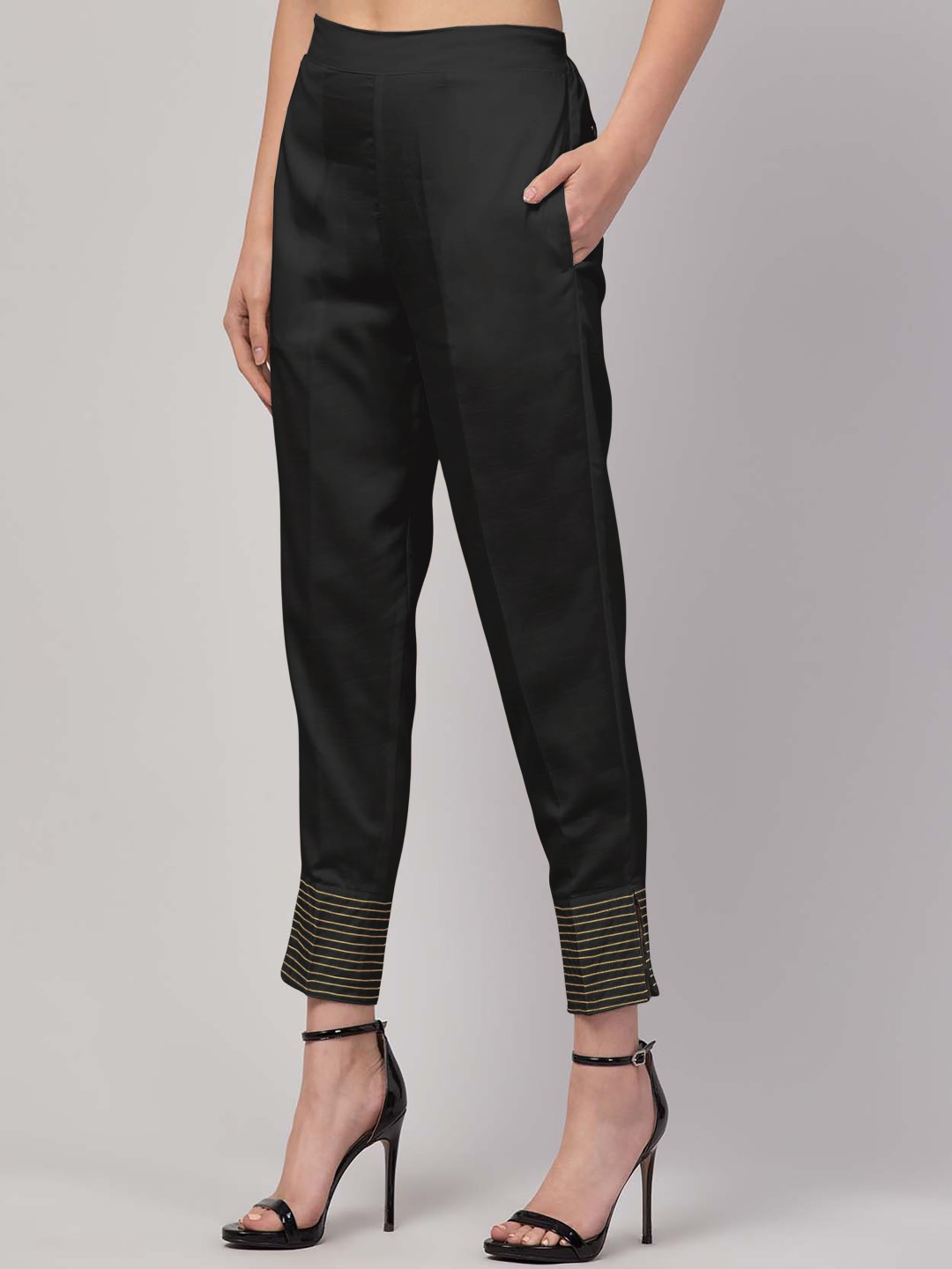 

FLOREOS Women Textured Embroidered Comfort Easy Wash Trousers, Black