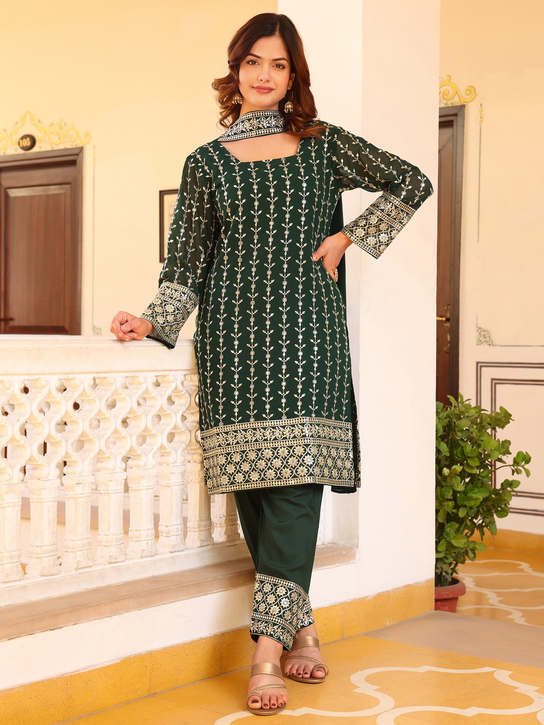 

KALINI Women Embroidered Regular Kurta with Trousers & With Dupatta, Green