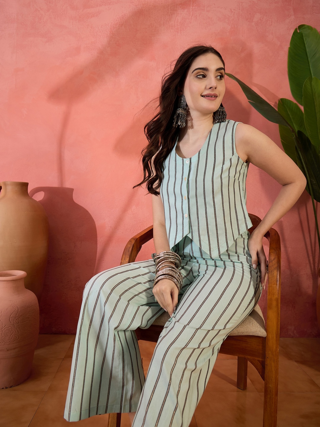 

Sangria Striped Sleeveless Top & Trouser Co-Ords, Blue