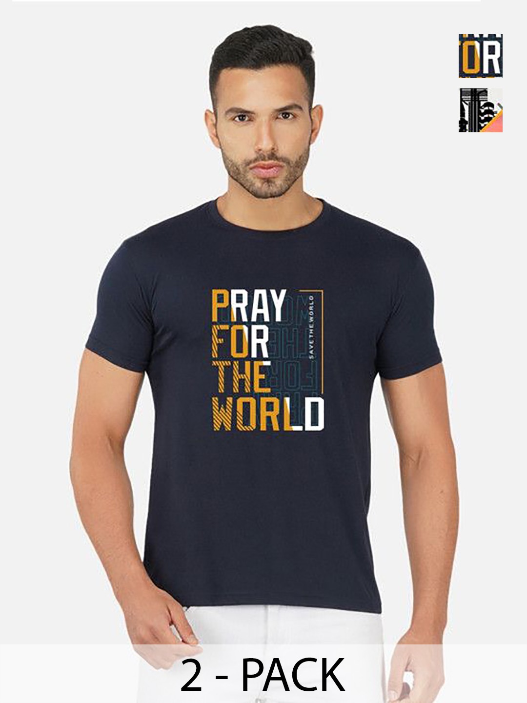 

GLOBAL NOMAD Men 2 Printed Bio Finish Applique T-shirt, Navy blue