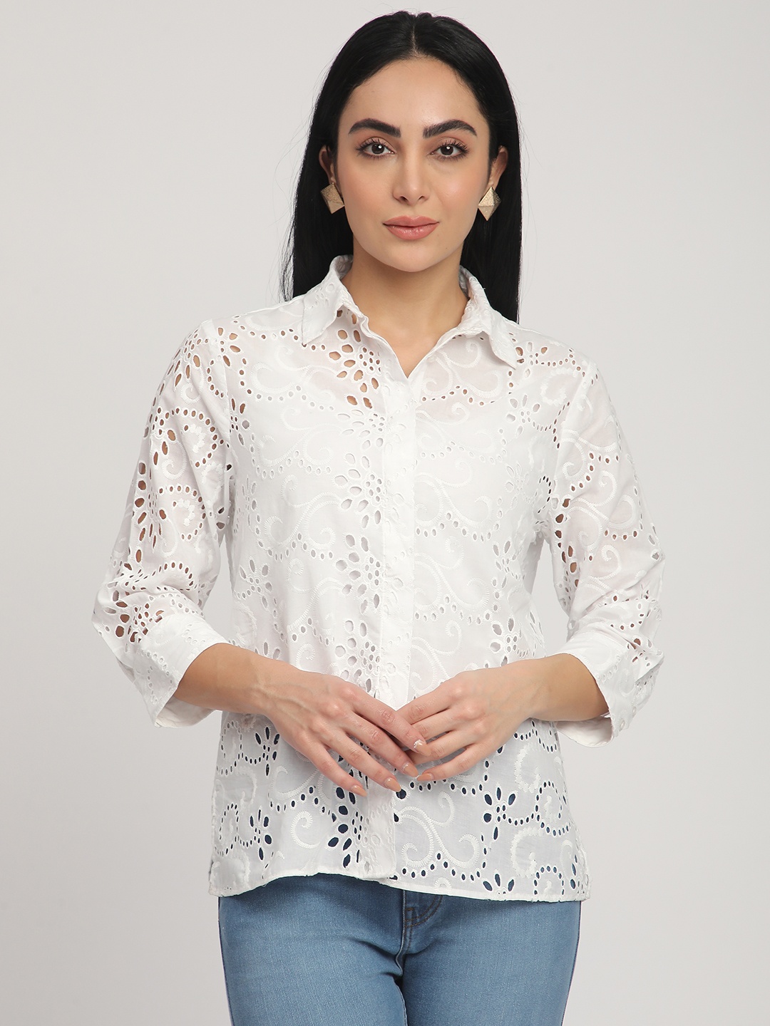 

R&B Embroidered Cotton Shirt Style Top, White