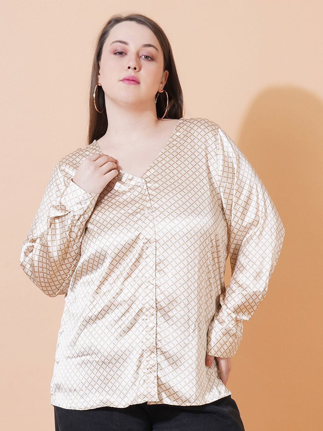 

Sztori Geometric Checked Satin Longline Top, Brown