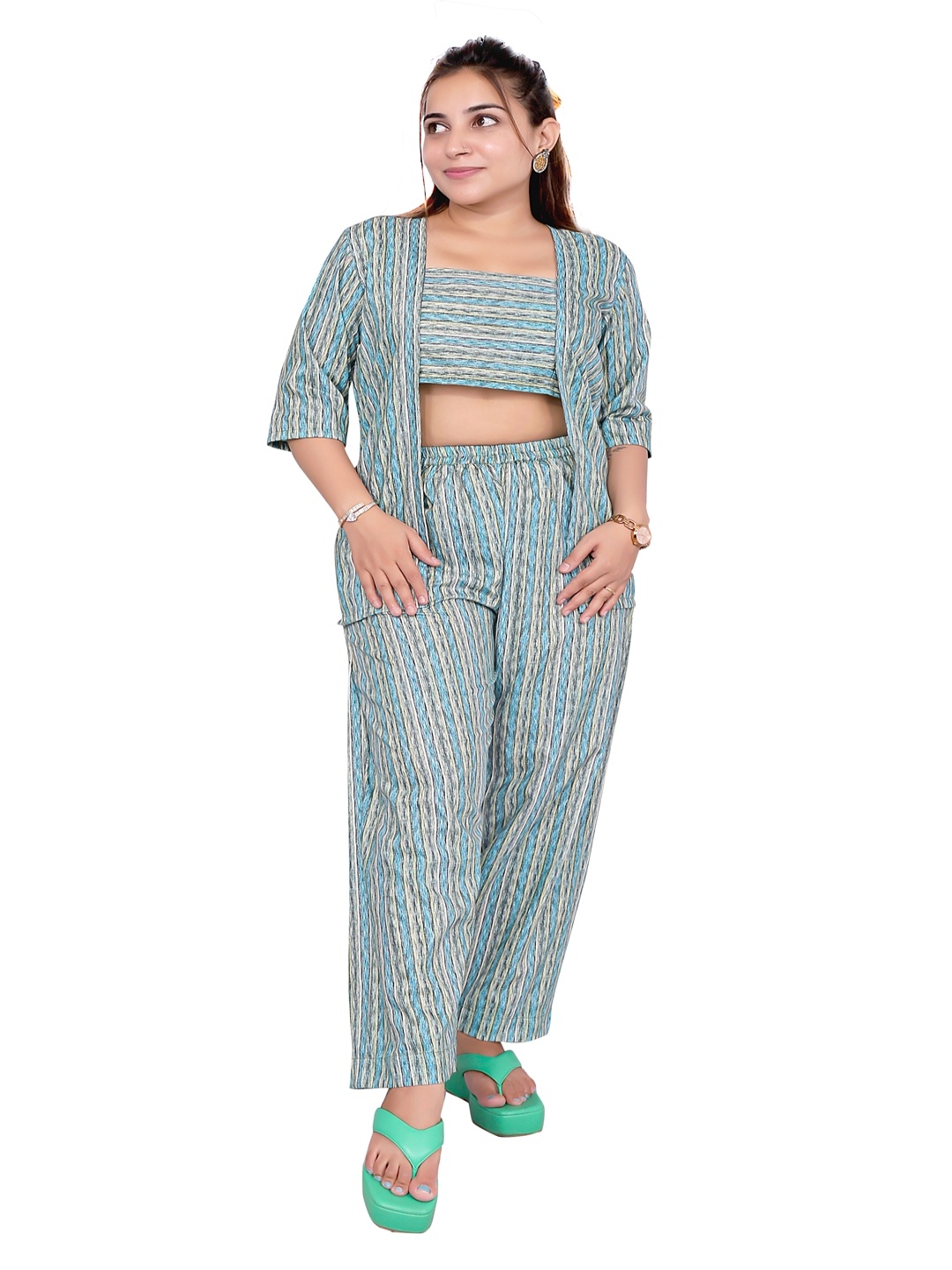 

Kaajal by Vidhi Striped Top Shrug With Trousers Co-Ords, Blue