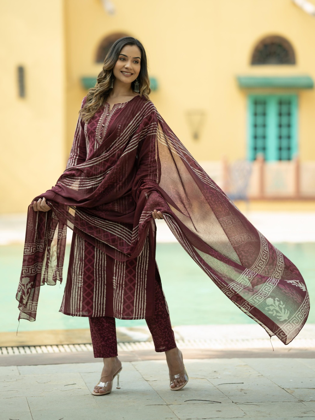 

Moda Rapido Women Striped Regular Thread Work Pure Cotton Kurta with Trousers & With Dupatta, Maroon