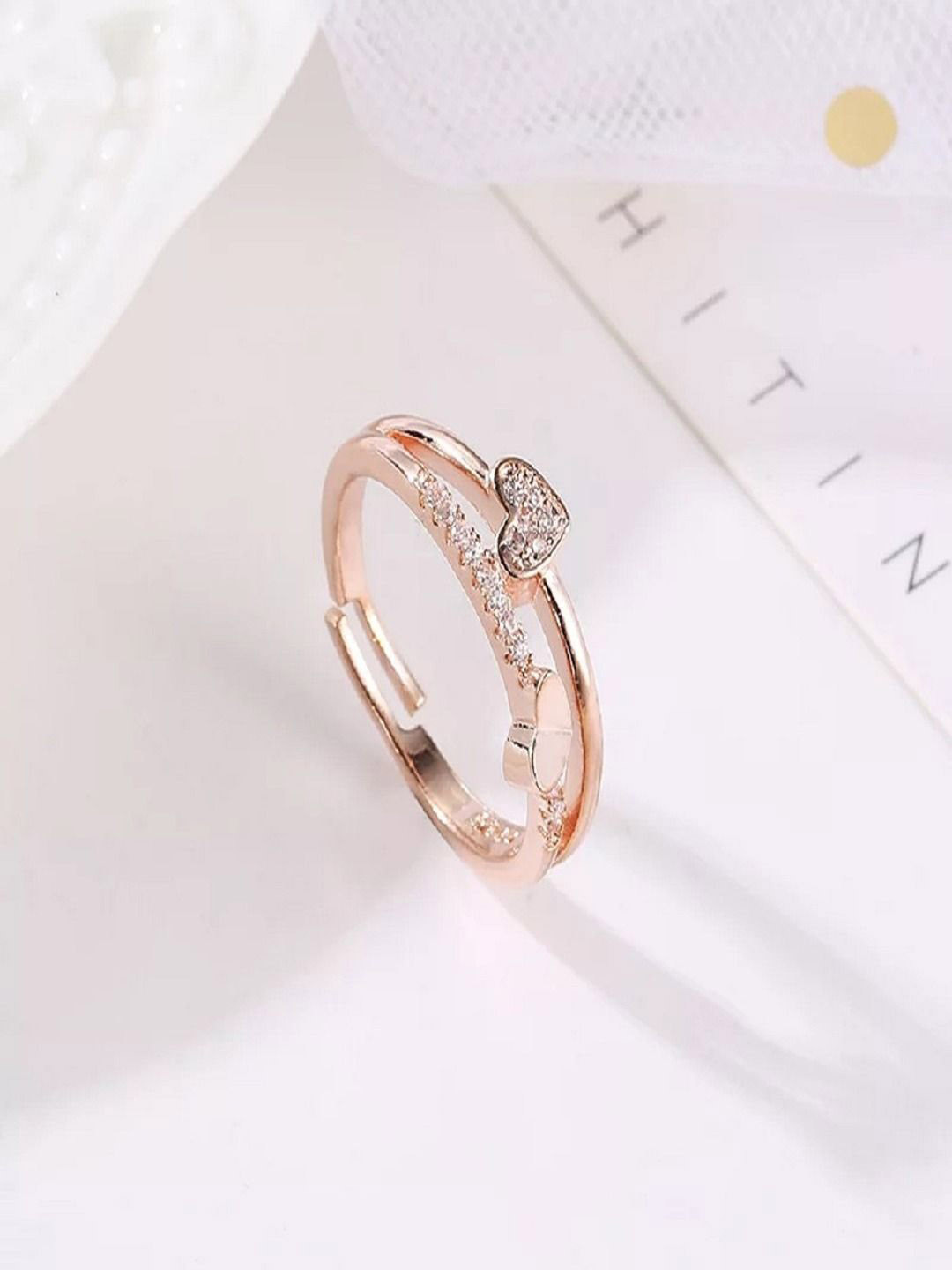 

DressBerry Rose Gold-Plated Cubic Zirconia-Studded Dual Heart Finger Ring