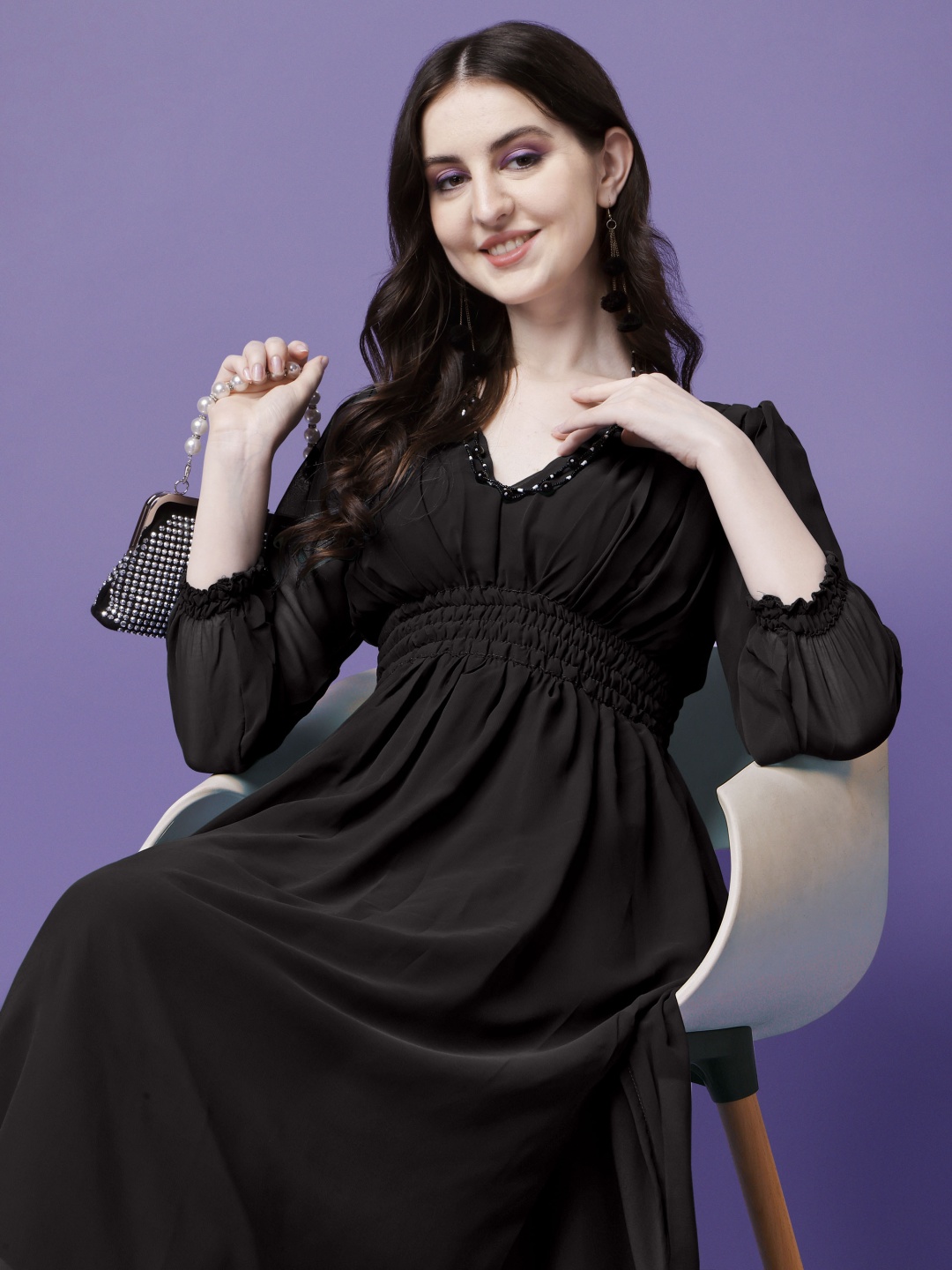 

Jash Creation Applique Georgette Fit & Flare Maxi Dress, Black