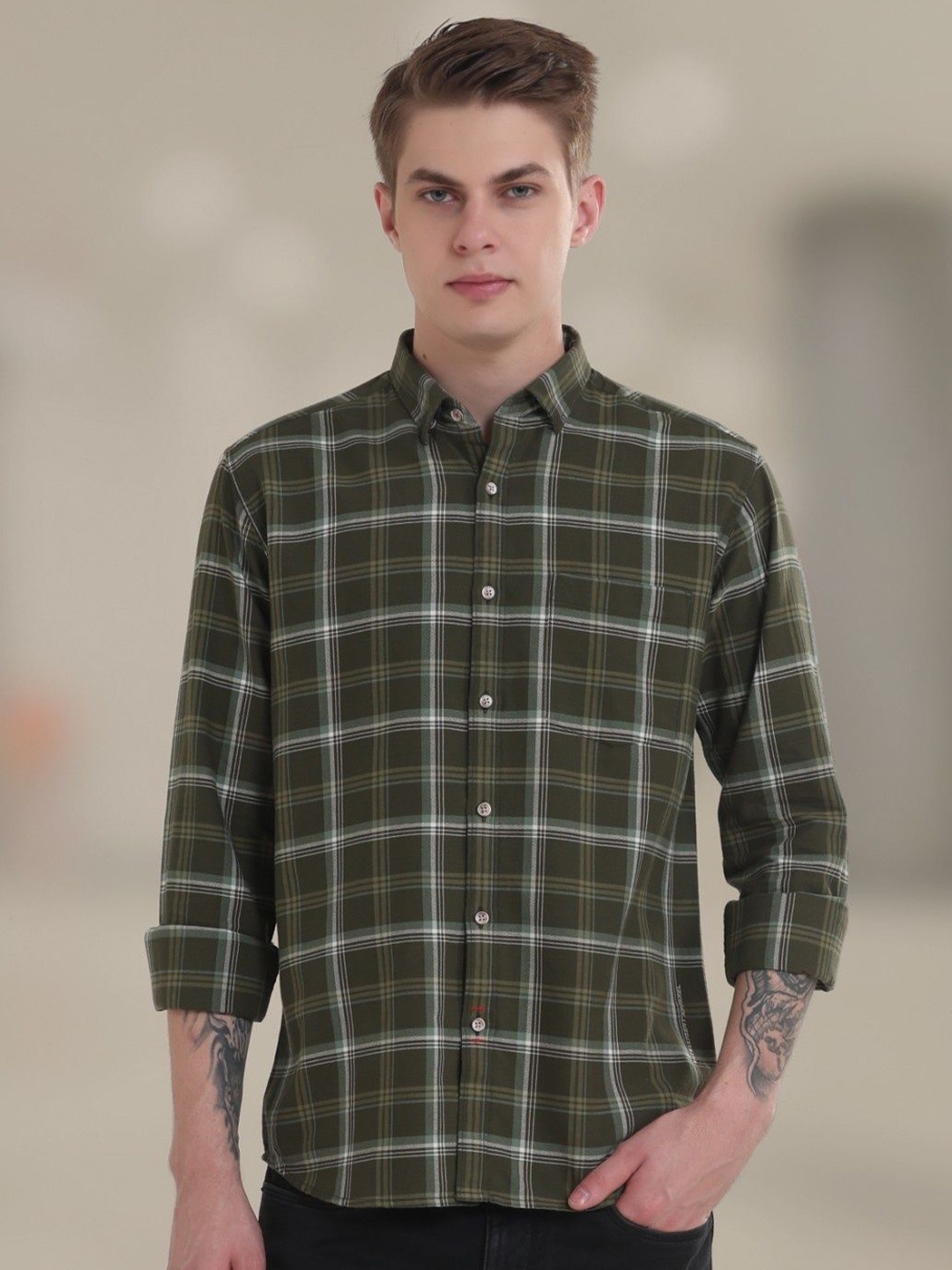 

TURMS Anti Stain Anti Odor Water Repellent Cotton Checked Shirt, Green