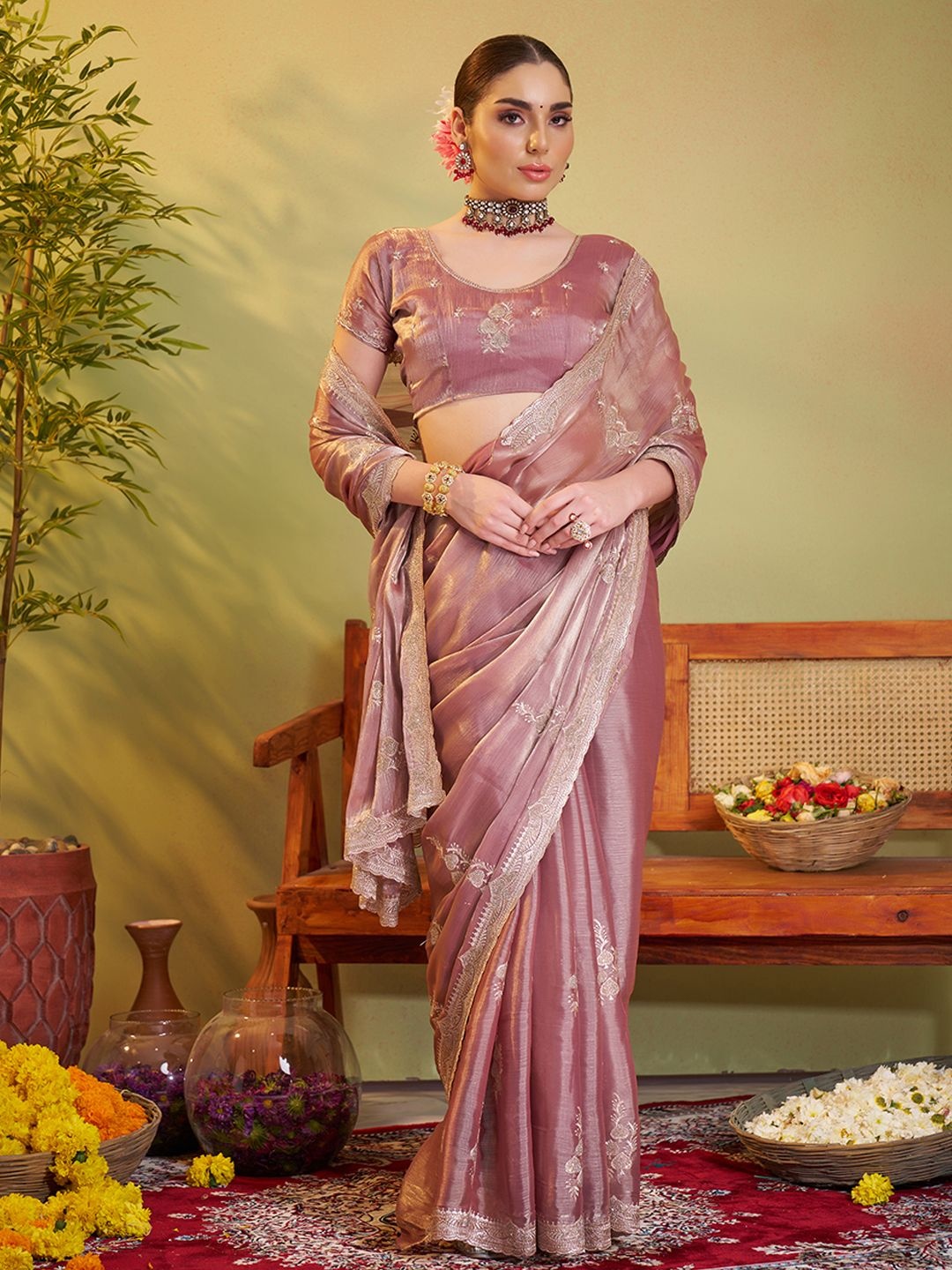 

Mitera Ethnic Motifs Zari Satin Saree, Rose gold