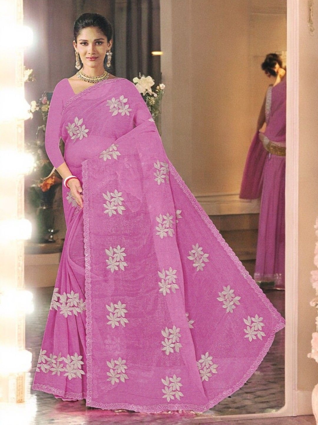 

SHOPPKEE Floral Mirror Work Supernet Chanderi Saree, Pink