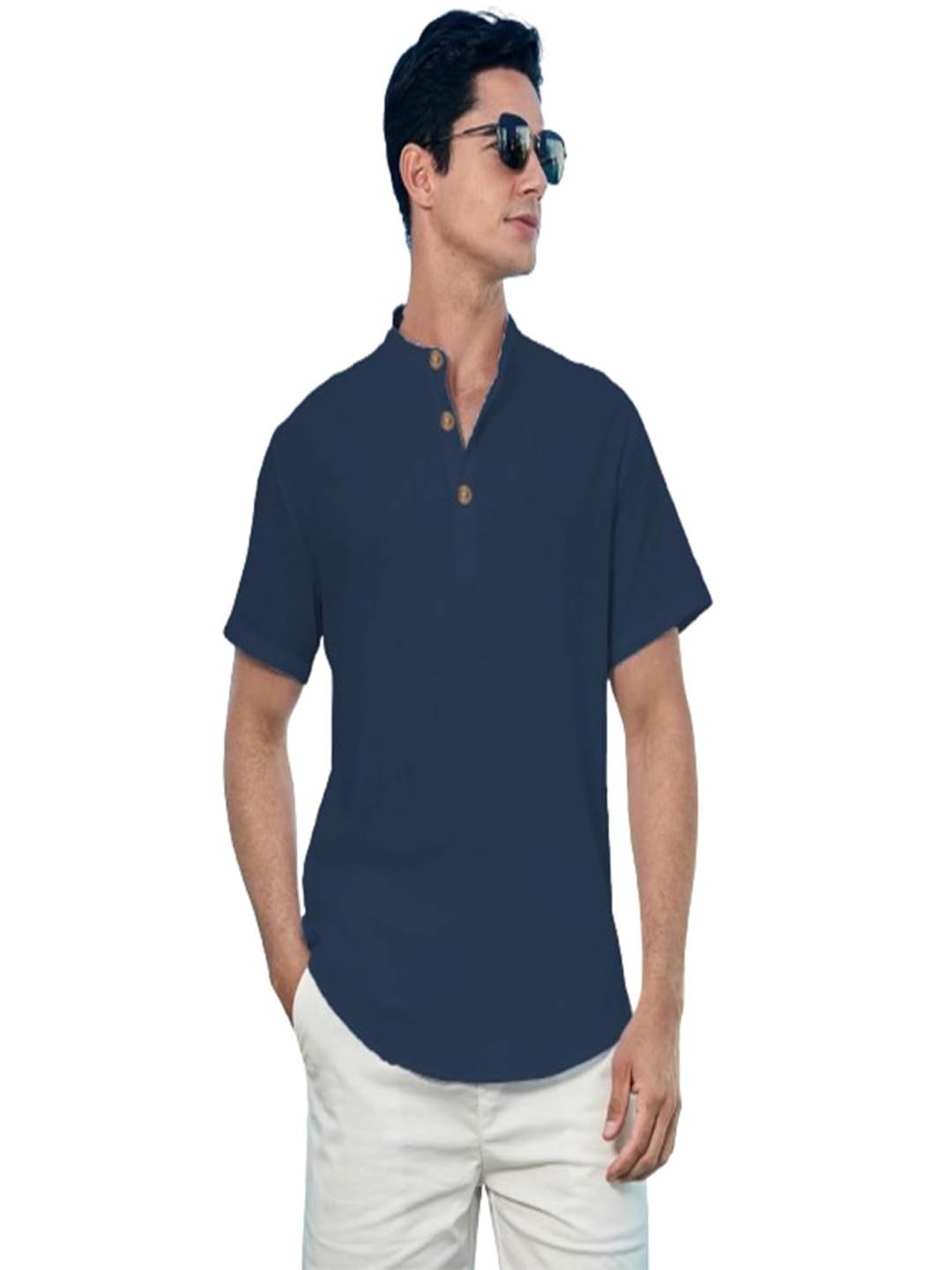 

EdinWolf Band Collar Cotton Straight Kurta, Navy blue
