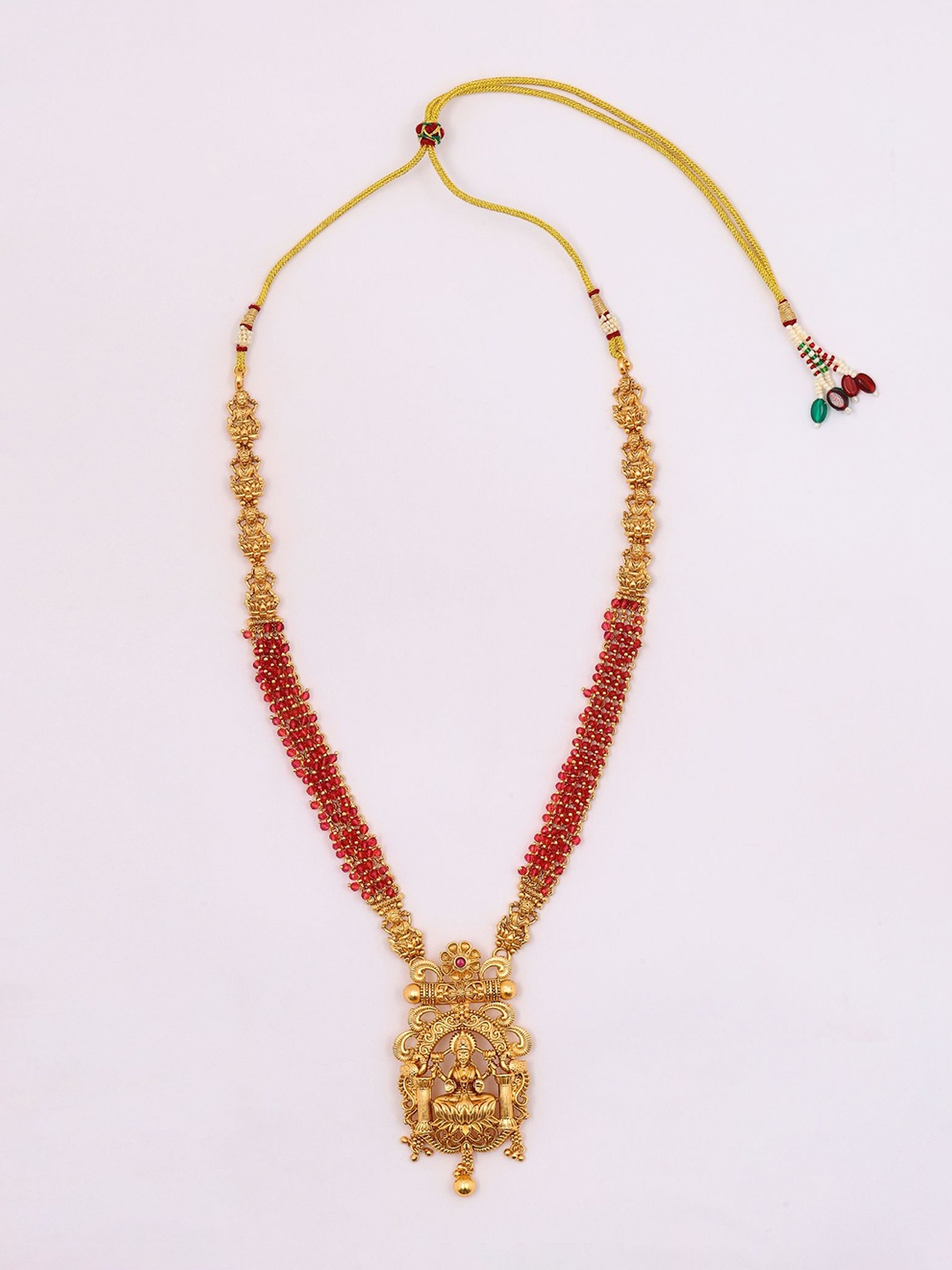 

Exotic India Goddess Lakshmi Long Temple Necklace & Earring Set With Beads, Gold
