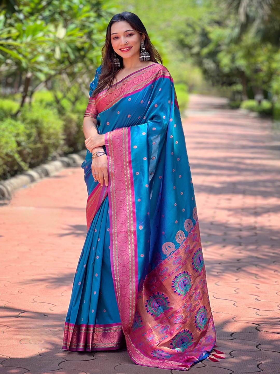 

all about you Woven Design Zari Silk Blend Paithani Saree, Blue