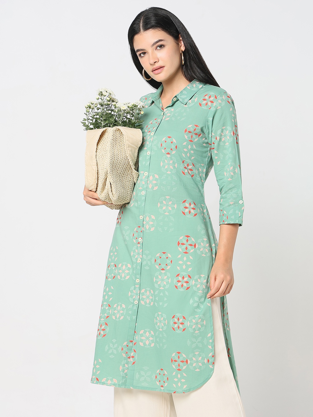 

R&B Women Ethnic Motifs Printed Thread Work Kurta, Green