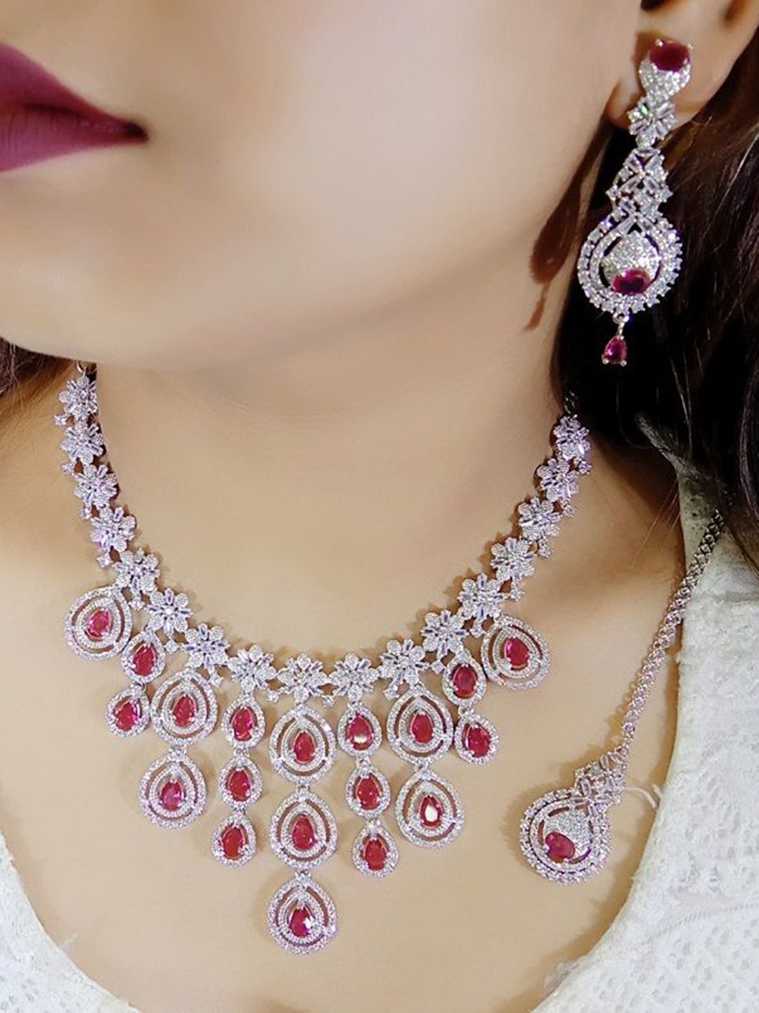

Ladymania Silver - Plated American Diamond Necklace Set With Maang Tikka, Red