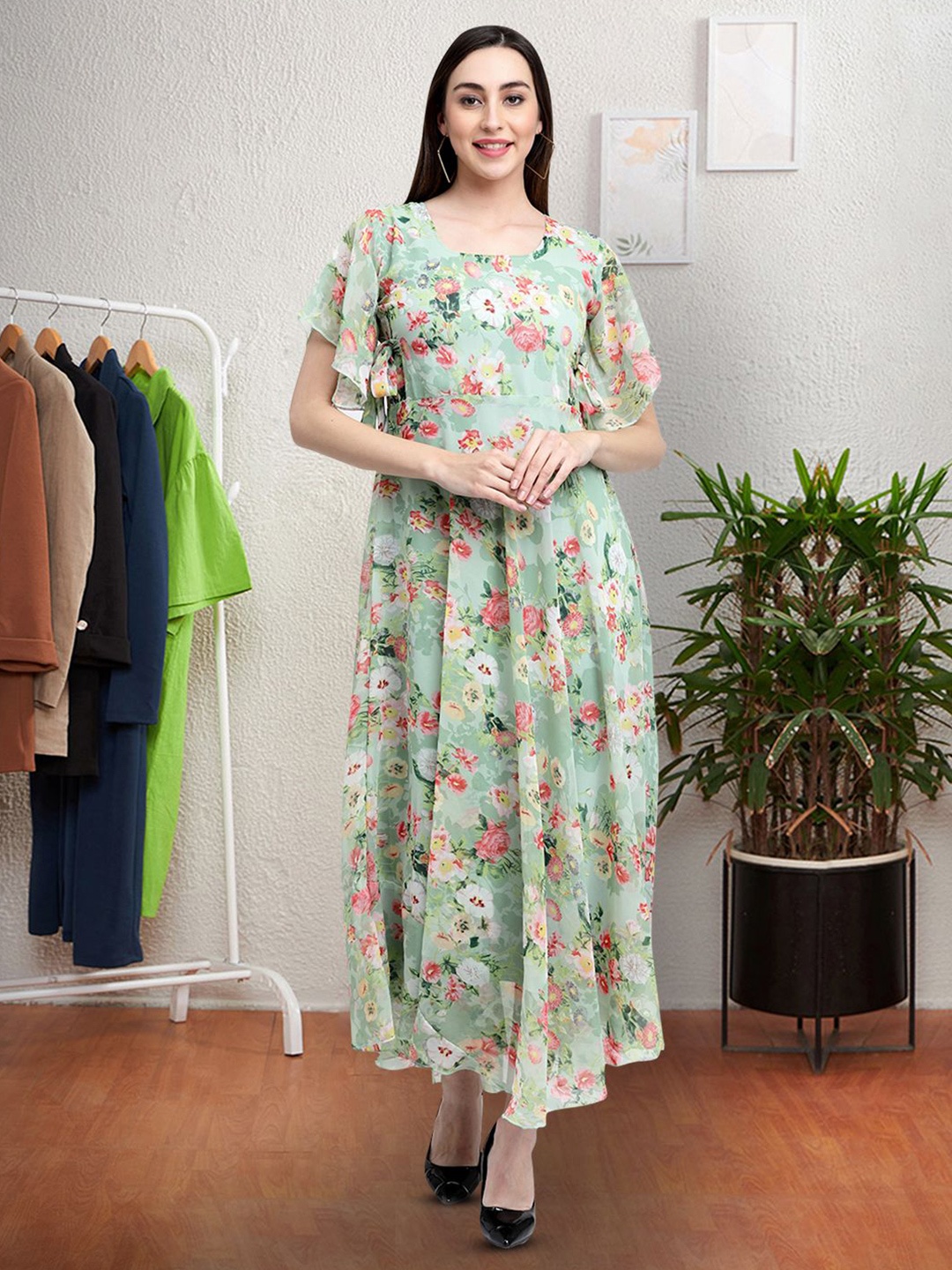 

Moda Rapido Floral Print Applique Fit & Flare Dress, Green