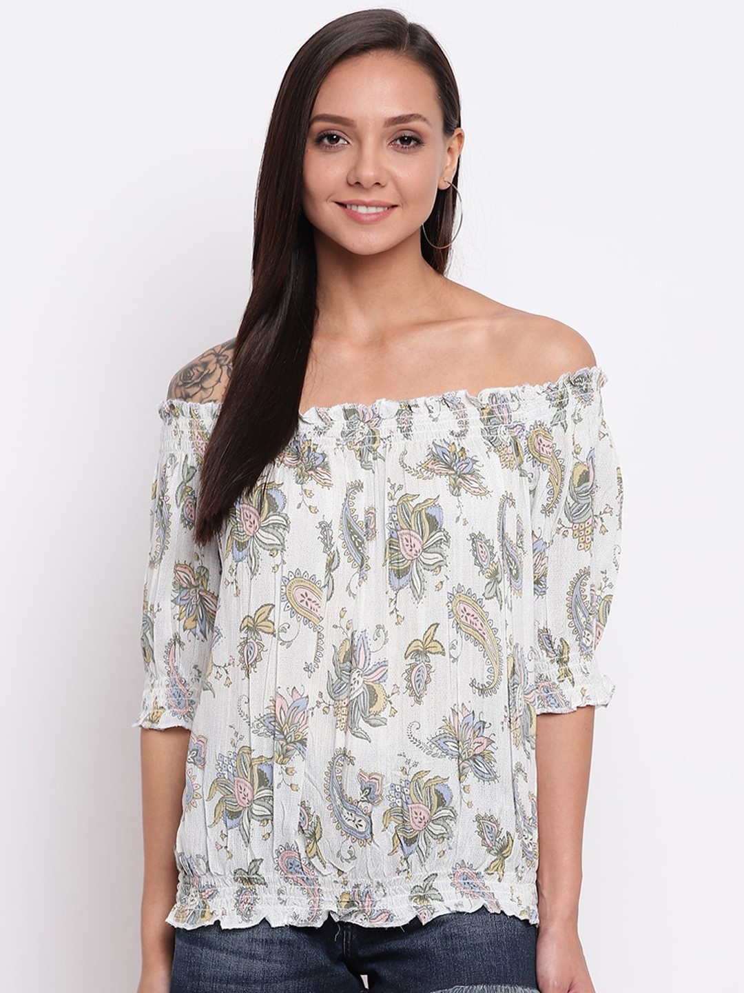 

DressBerry Floral Print Off-Shoulder Bardot Top, White