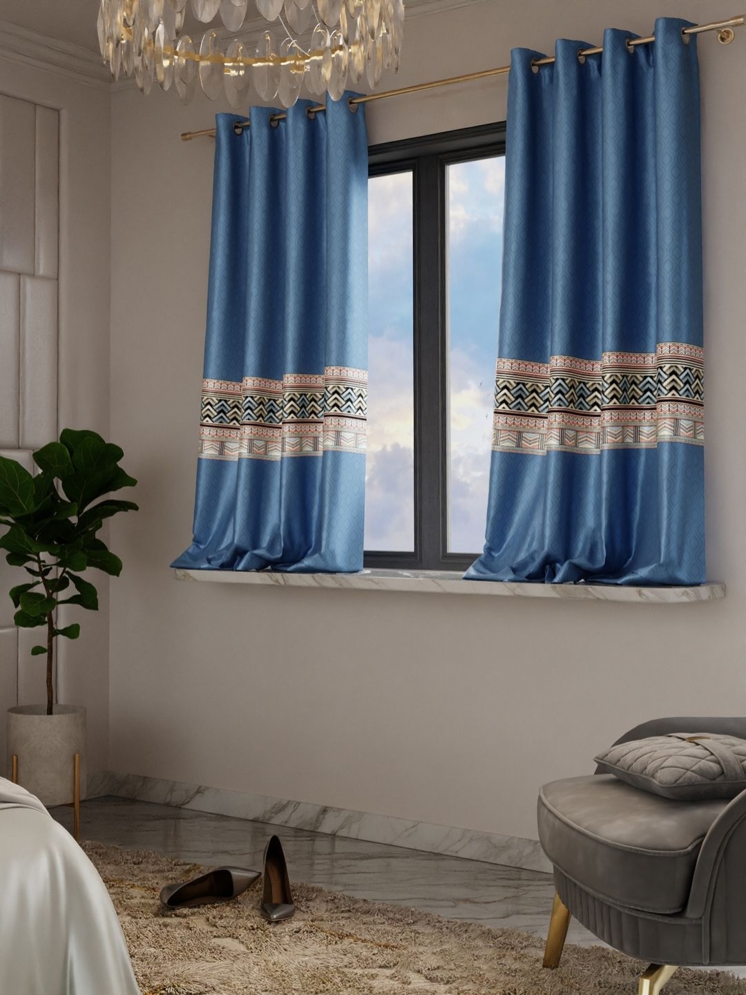

Stoa Paris Versailles Navy Blue & White Set of 2 Geometric Window Curtains