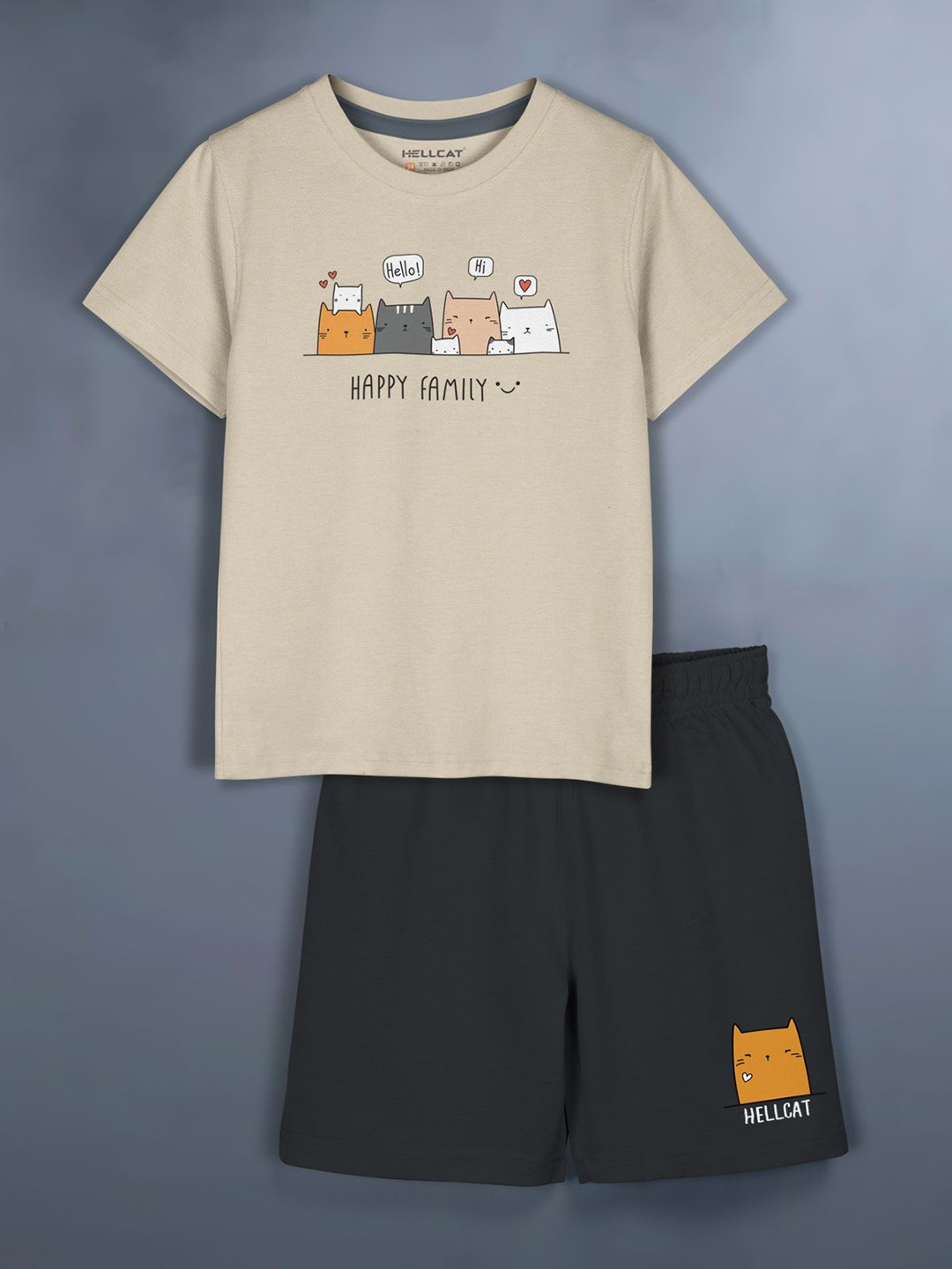 

HELLCAT Girls Printed Round Neck T-Shirt With Shorts, Beige