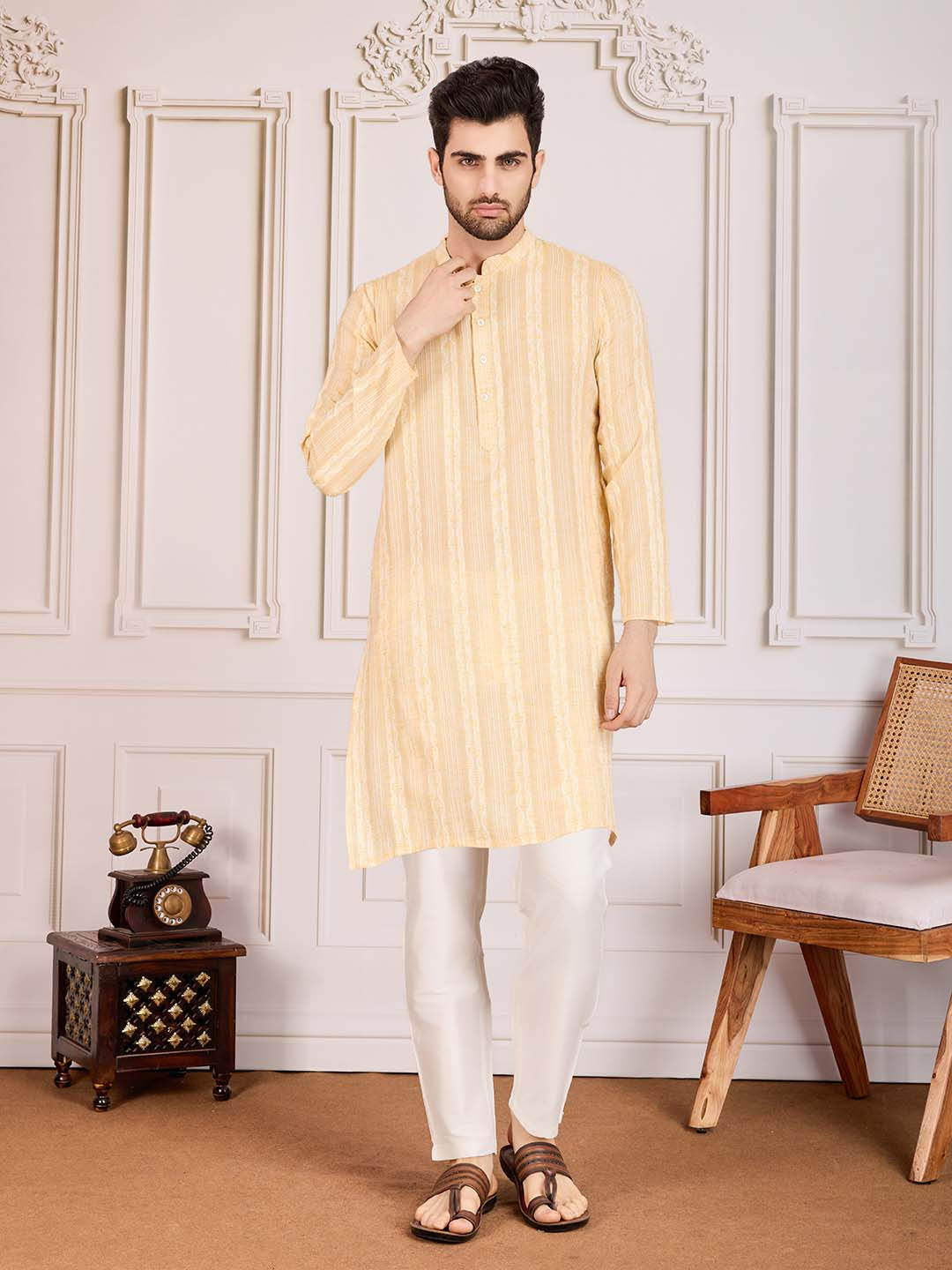

House of Pataudi Striped Jacquard Straight Kurta Set, Yellow