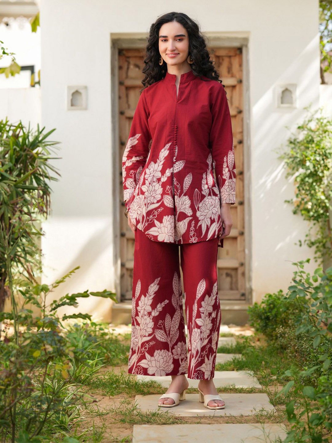 

JISORA Women's Red Printed Cotton Co-ord Set