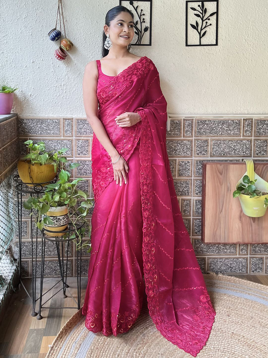 

LeeliPeeri Designer Floral Sequinned Silk Blend Designer Saree, Pink