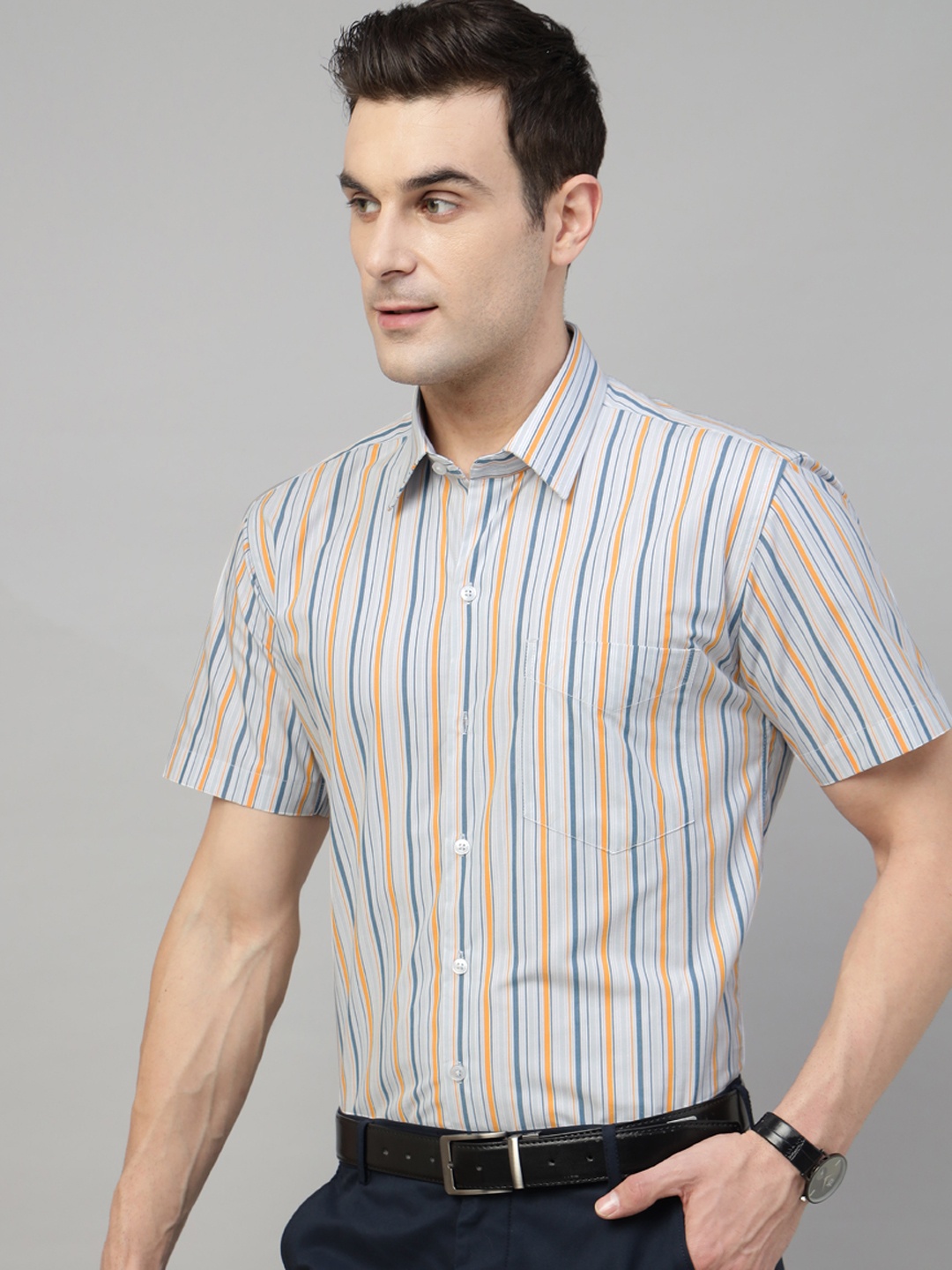 

Hancock Men Standard Slim Fit Multi Stripes Opaque Formal Shirt, Blue