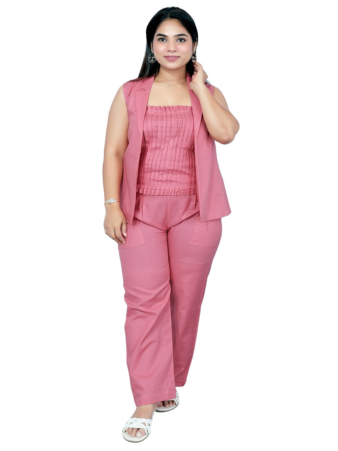 

Kaajal by Vidhi Self Design Top With Jacket & Trousers, Pink