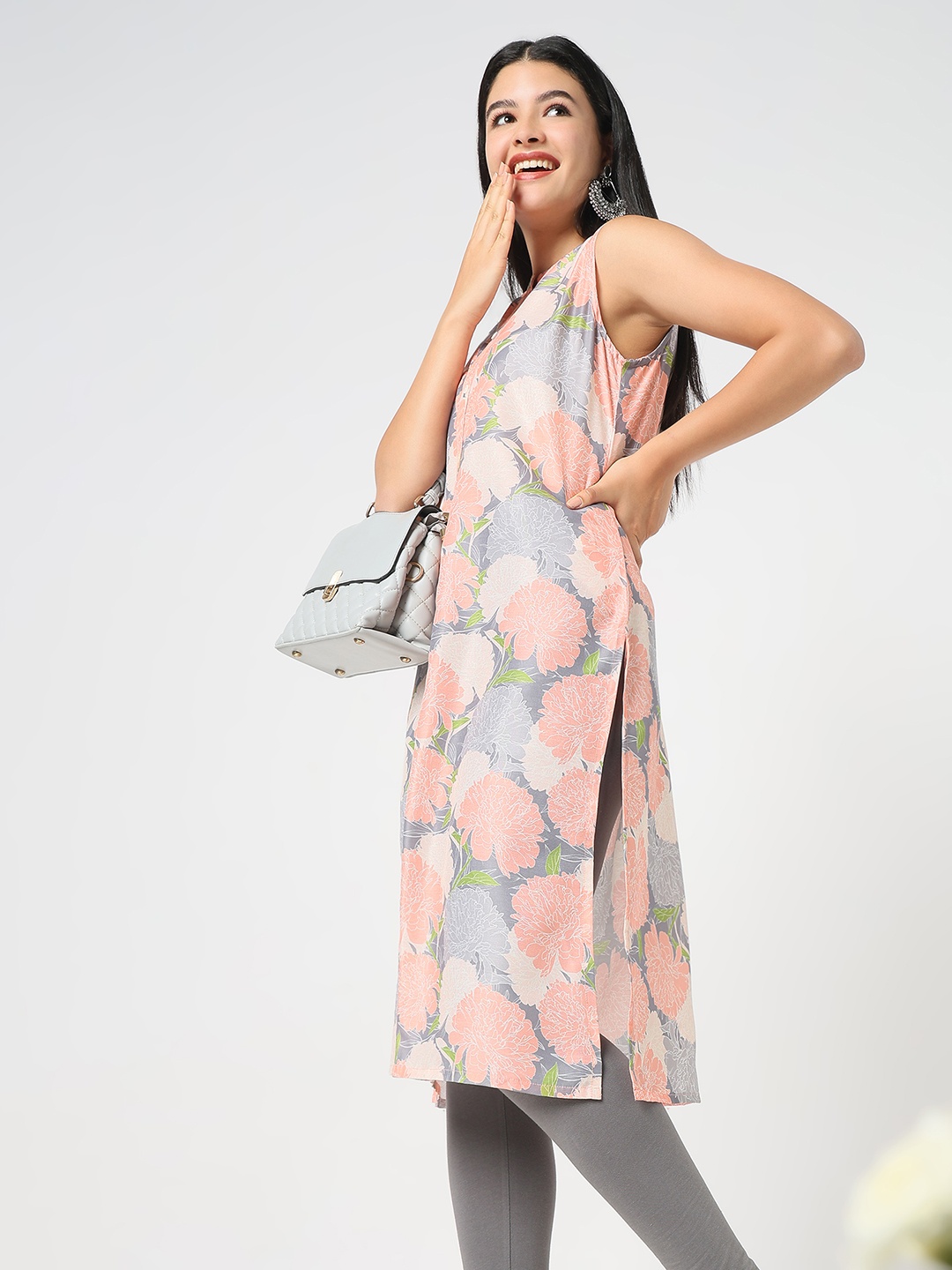 

R&B Women Ethnic Motifs Striped Kurta, Grey